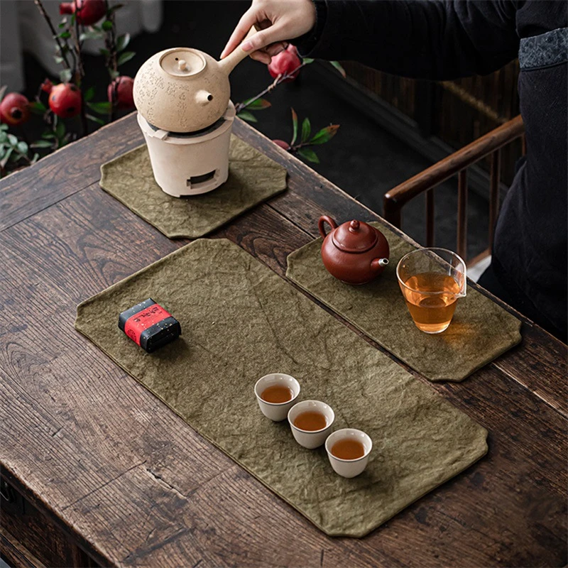磐皿｜帆布扎染苔藓绿茶席手工桌垫中式茶道双层桌旗防水干泡麻布