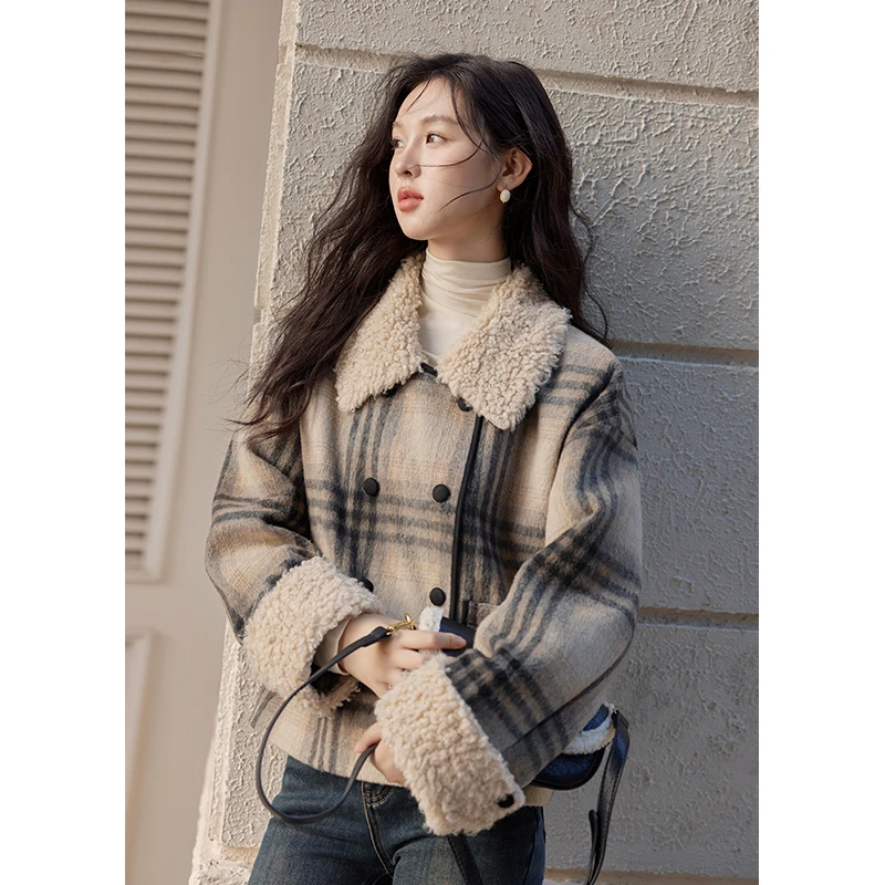 【柴碧云专属】谜秀毛呢外套韩版复古格子宽松呢子大衣MXD56W0536