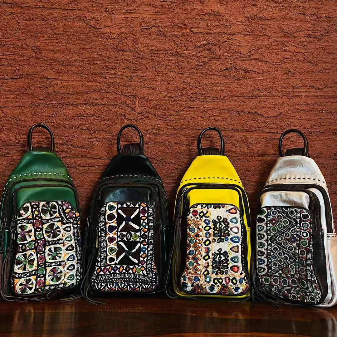 四两民族风阿富汗老绣牛皮单肩包