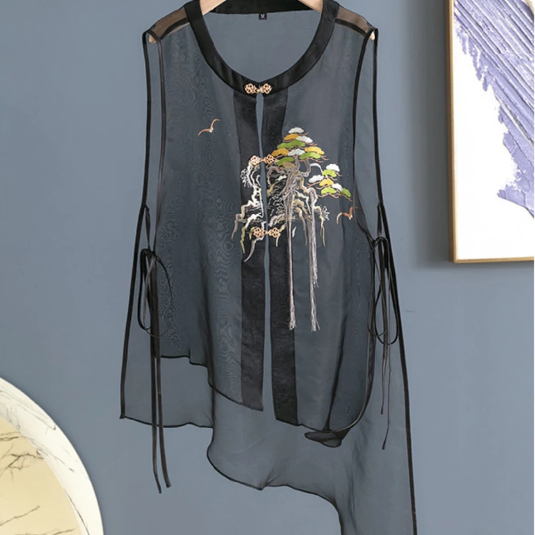 新中式国风盘扣薄款网纱马甲女装黑色夏季新款不规则重工刺绣上衣