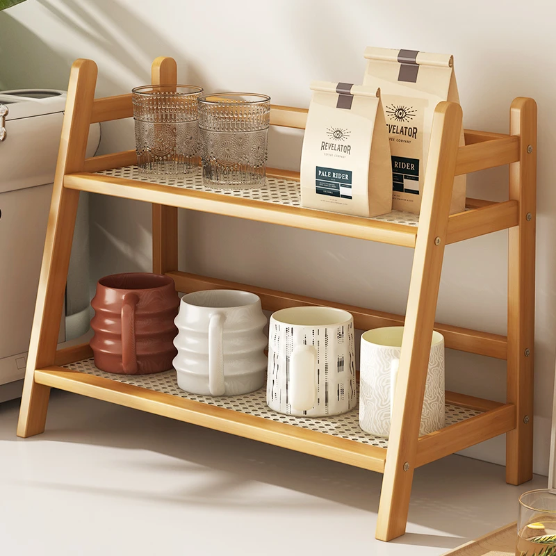 ins中古风藤编奶油色双层桌面置物架宿舍卧室办公厨房杯架整理架