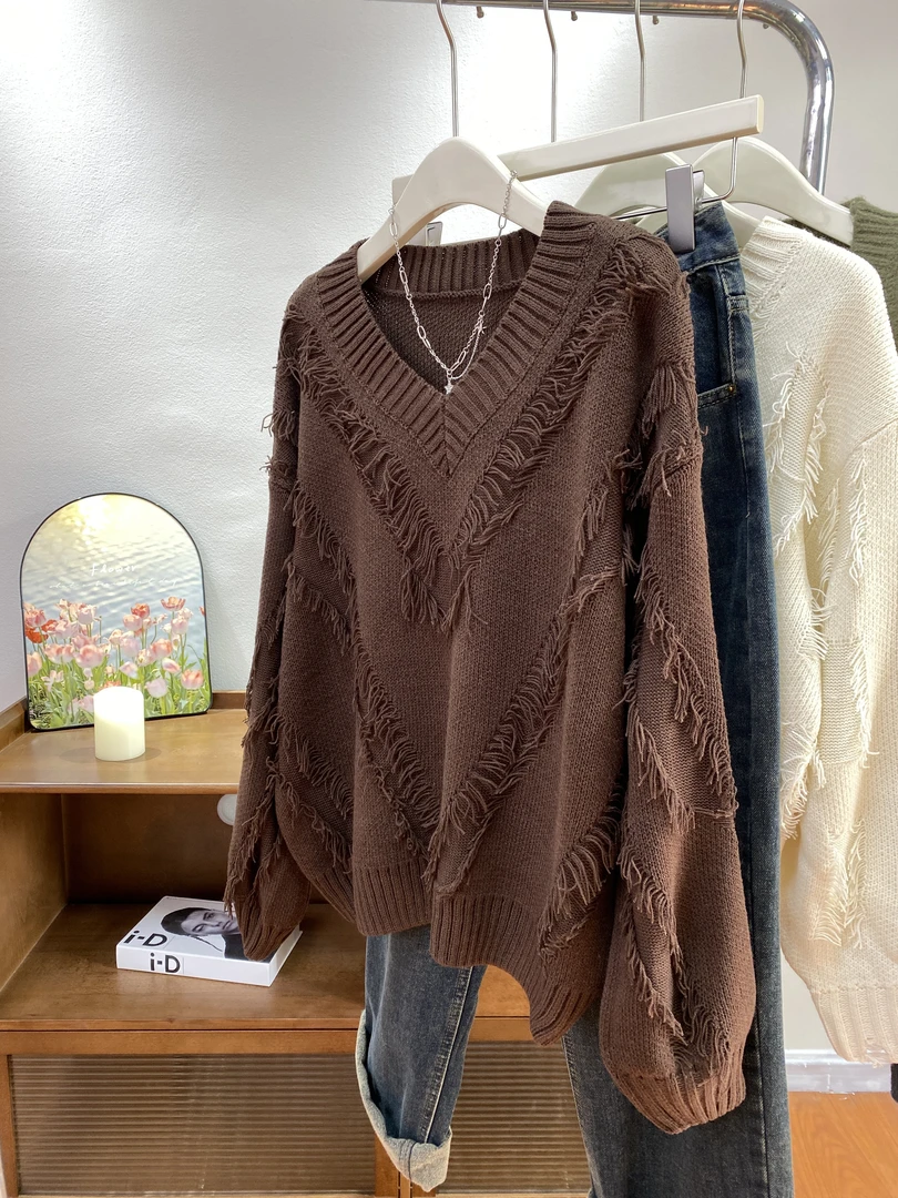 纯色上衣秋冬新款打底慵懒风时尚休闲百搭镂空宽松圆领长袖针织衫