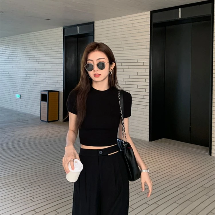 JS辣妹装正肩短款上衣短袖T恤女夏露脐显瘦修身百搭高腰打底衫A4