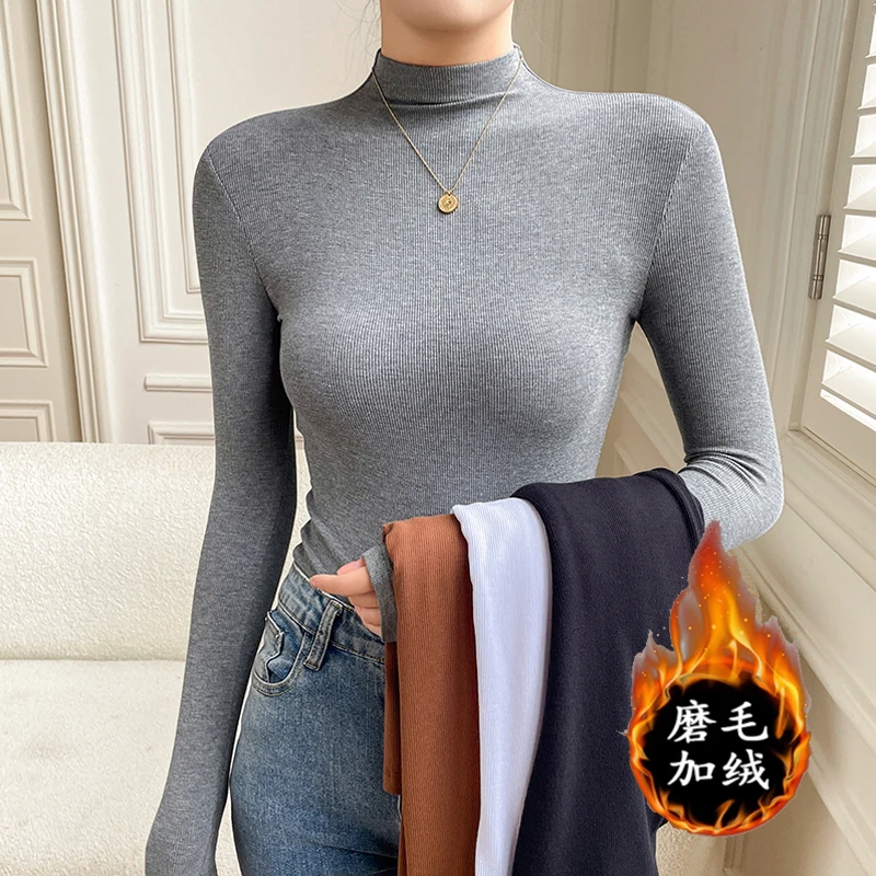 秋冬新款半高领长袖打底衫修身显瘦上衣女士加绒保暖打底内搭T恤