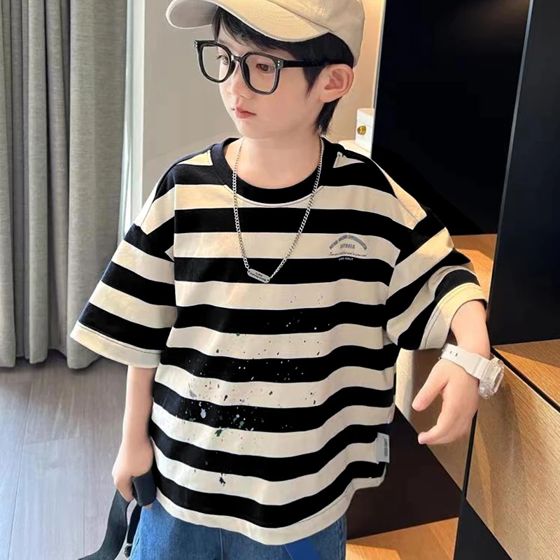 男童夏装条纹T恤新款半袖中大儿童男孩夏季短袖