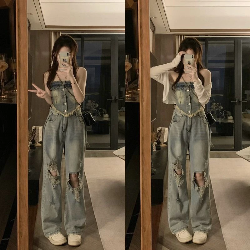 高级感甜辣妹修身显瘦抹胸上衣女夏季设计感破洞牛仔裤时尚两件套