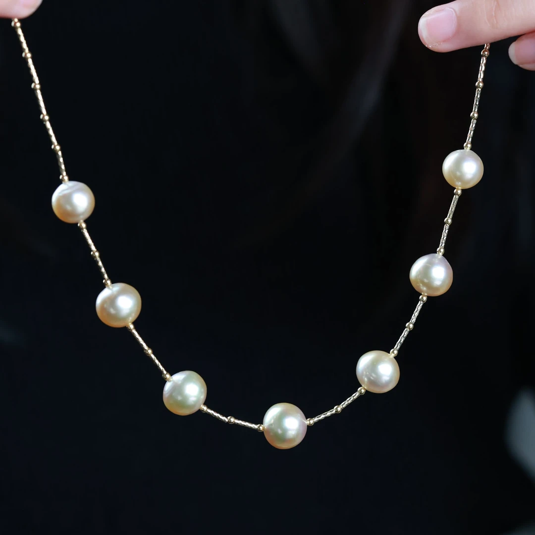 天然海水南洋金珠项链 18K金强光7颗珠9-10mm满天星温柔干枯金色