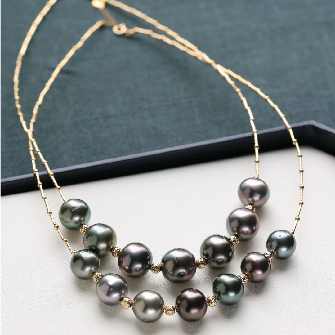 天然海水大溪地黑珍珠项链11-12mm强光18K金微笑颈链女多样性发一