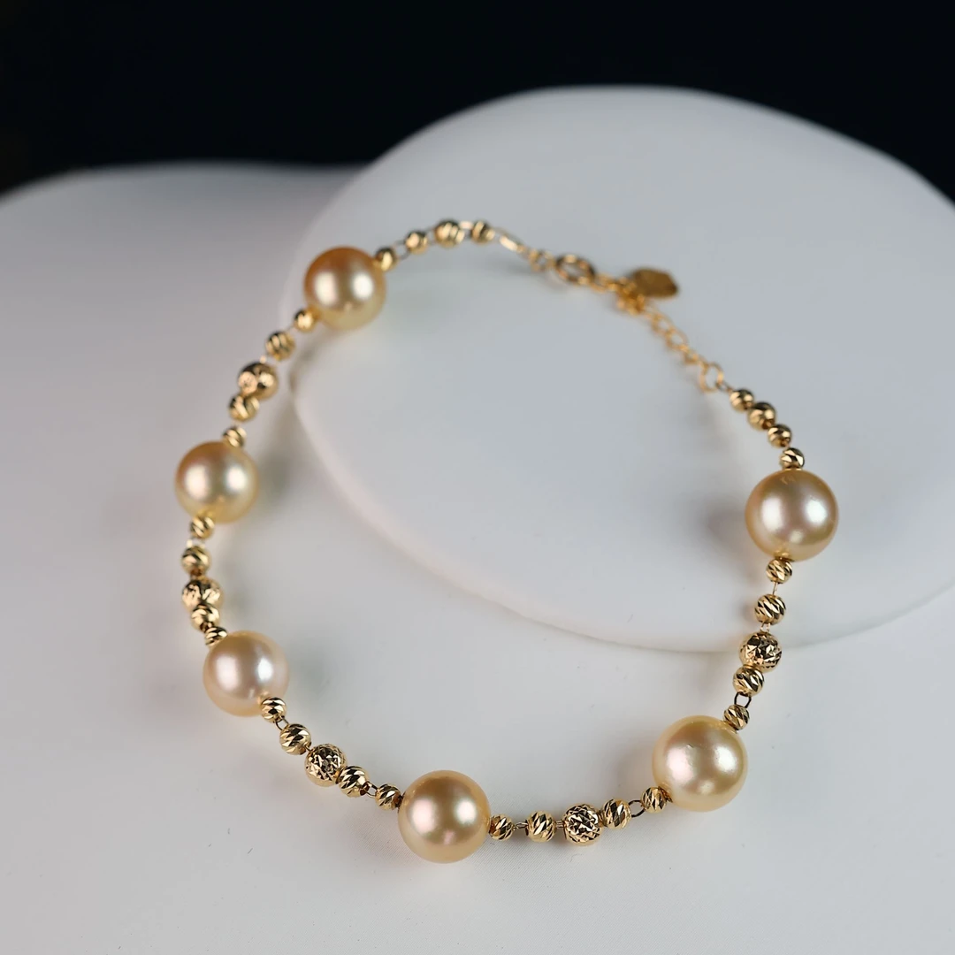 海水珍珠南洋金珠手链 18K金镶嵌9-11mm干枯金色时尚*多样性发一