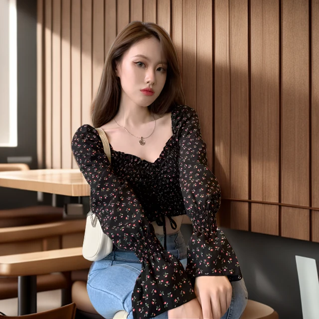 法式复古方领碎花泡泡袖衬衫女小个子雪纺衫甜美女生韩系ins衣服