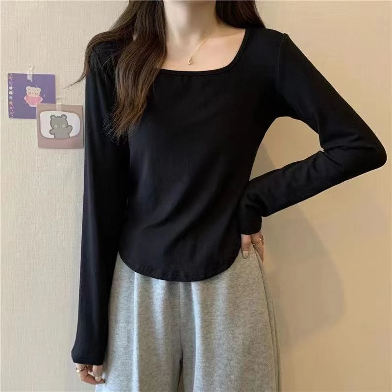 U领上衣女白搭修身显瘦长袖打底衫内搭春夏秋季新款洋气低领t恤