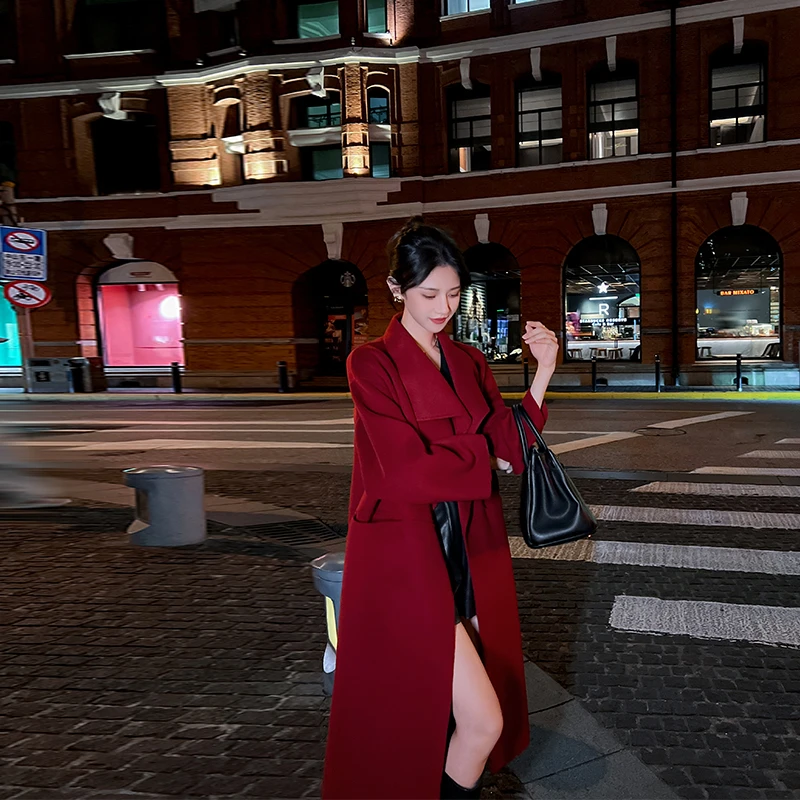 红色双面羊绒大衣女新款2025秋冬韩版高端气质赫本风结婚毛呢外套