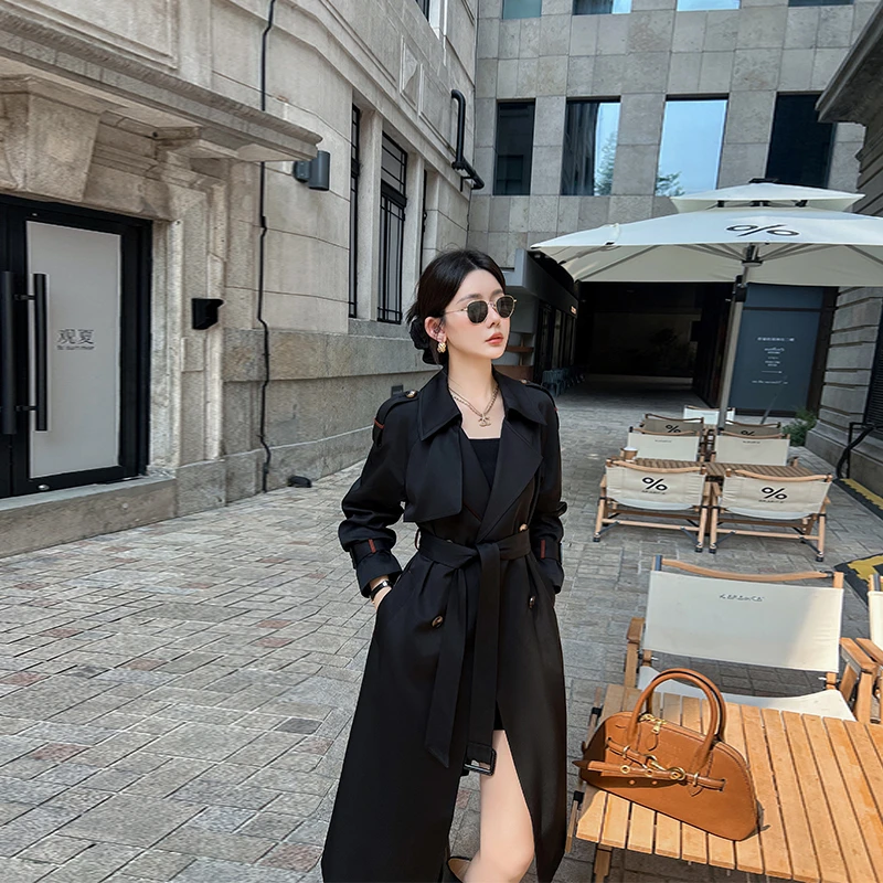 黑色经典风衣外套女中长款2025春秋季新款英伦风到高级感气质大衣