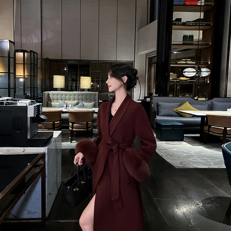 高级感双面羊绒大衣女2025冬季新款韩系气质袖口狐狸毛毛呢外套