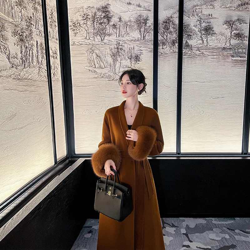 高级感双面羊绒大衣女2025秋冬新款韩版袖口狐狸毛气质毛呢子外套