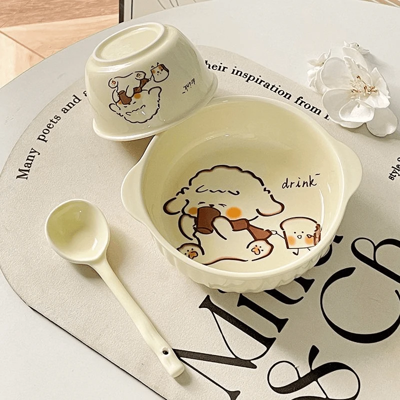 新款可爱高颜值奶油小狗餐具陶瓷一人食家用双耳饭碗沙拉下彩泡面