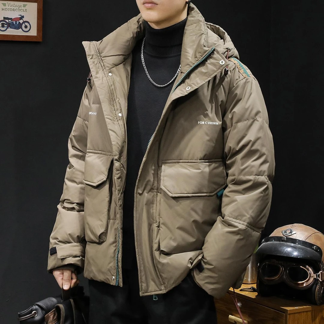 日系潮牌白鸭绒羽绒服男士冬季连帽2025新款大码工装轻薄保暖外套