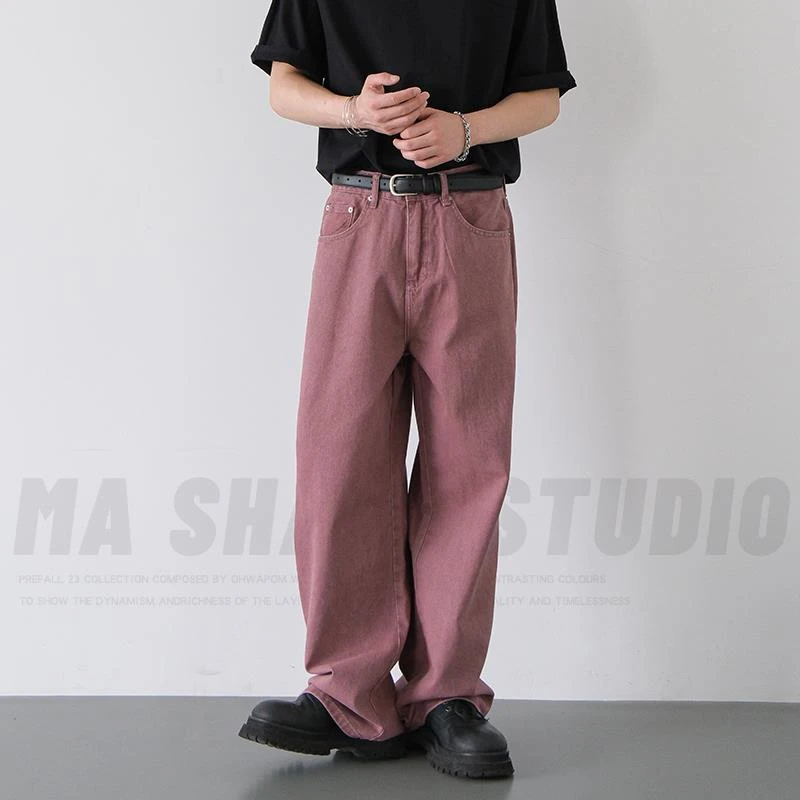 直筒牛仔裤男生宽松水洗粉色休闲裤小众高级感纯色潮牌ins阔腿裤
