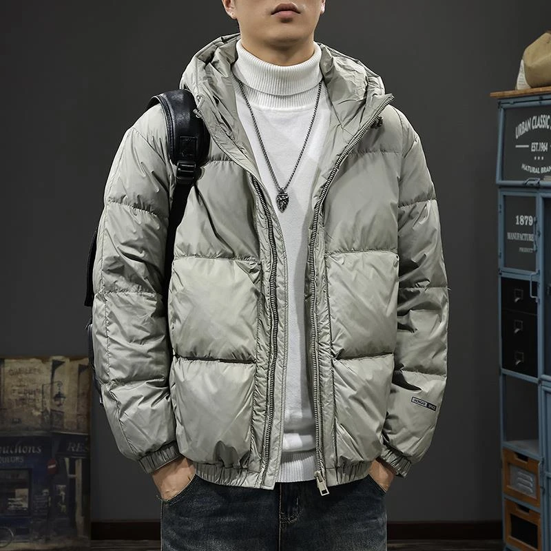 冬季新款90鸭绒高充蓬松羽绒服男纯色百搭加厚面包服连帽休闲外套