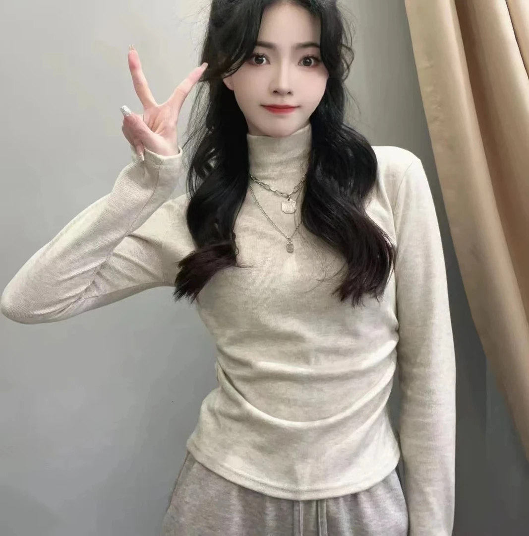 秋冬加绒加厚半高领百搭打底衫女内搭修身显瘦短款保暖T恤上衣