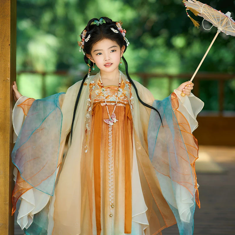 十三余童装[锦鲤波影] 汉服重工刺绣渐变连衣裙花瓣袖中国风仙气