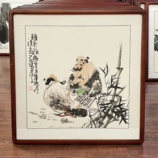 【手绘国画】带框发货人物对弈下棋图斗方餐厅客厅玄关书房