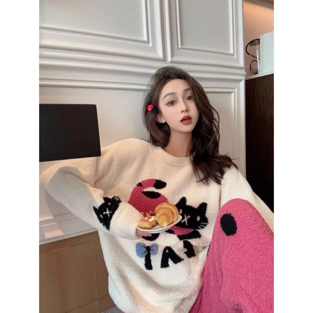 可爱猫睡衣女士秋冬珊瑚绒加厚保暖半边绒开衫可外穿家居服套装冬