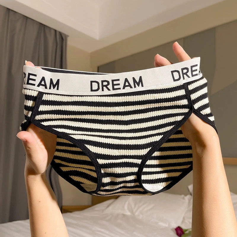 美式条纹女士无痕内裤女款2024网红爆款少女纯棉中腰短裤头三角裤