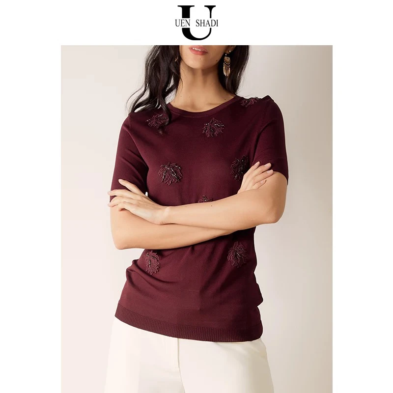 uenshadi温莎蒂春季新款品牌女装时尚枣红色短袖圆领针织衫