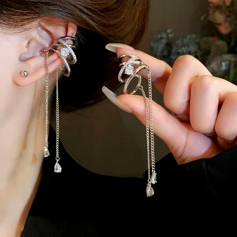 合金合成锆石耳饰 气质名媛超闪流苏水滴耳骨夹优雅淑女耳饰ins