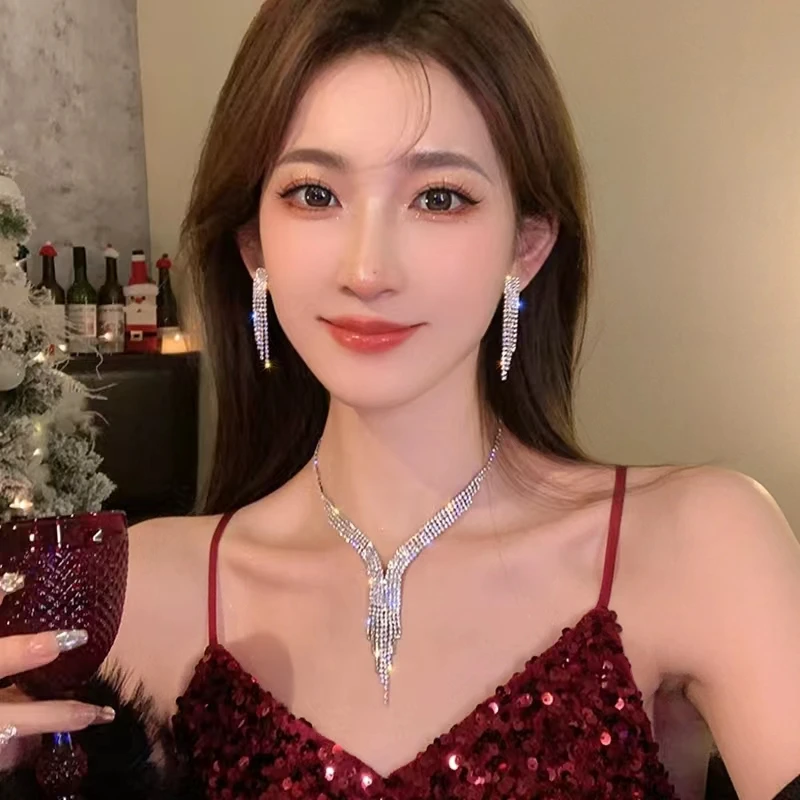合金合成锆石项链 欧美超闪几何项链耳环轻奢高级感潮流套装饰品