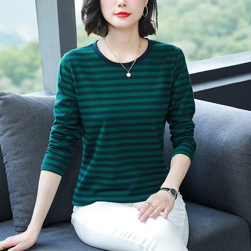 中年妈妈春秋棉质长袖上衣T恤女宽松大码遮肚休闲条纹百搭打底衫