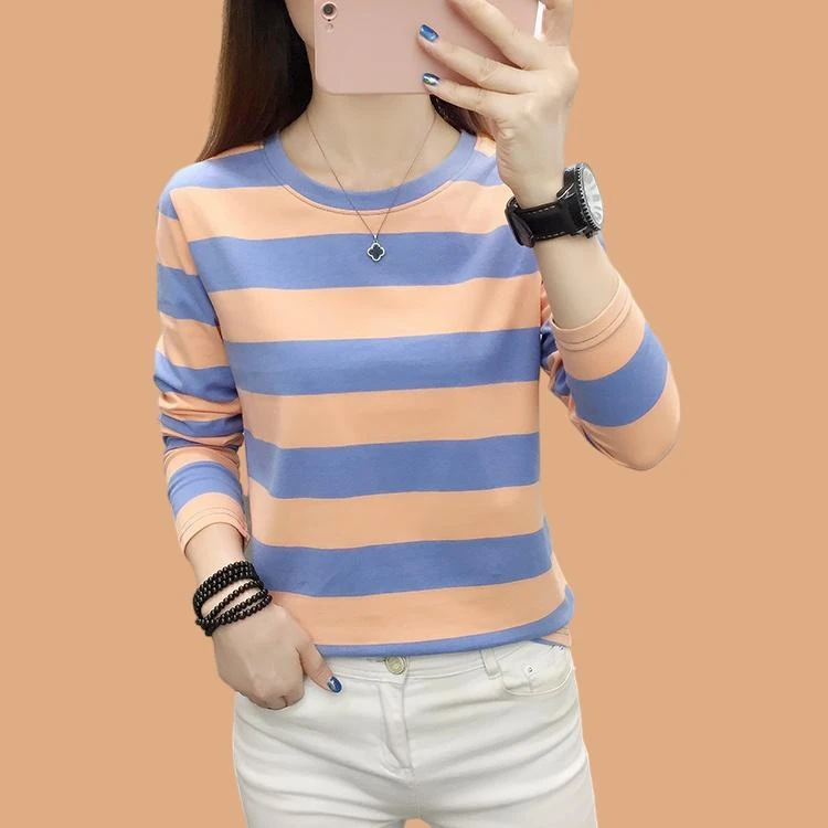 棉质外穿长袖T恤女装宽松大码秋衣打底衫中年妈妈款初秋条纹上衣