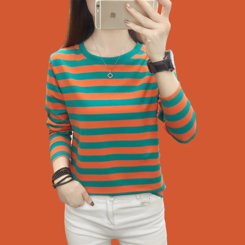 棉质长袖T恤女装春秋季秋衣外穿宽松大码打底衫中老年妈妈上衣服