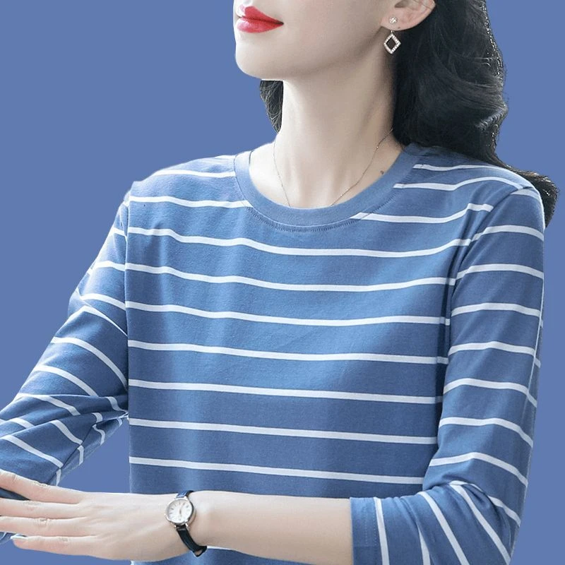 春秋季棉质长袖T恤条纹打底衫新款气质时尚女士宽松内搭秋衣上衣