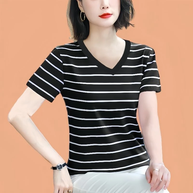 夏装V领时尚大码女装2025新款棉质短袖T恤女士上衣宽松休闲半截袖