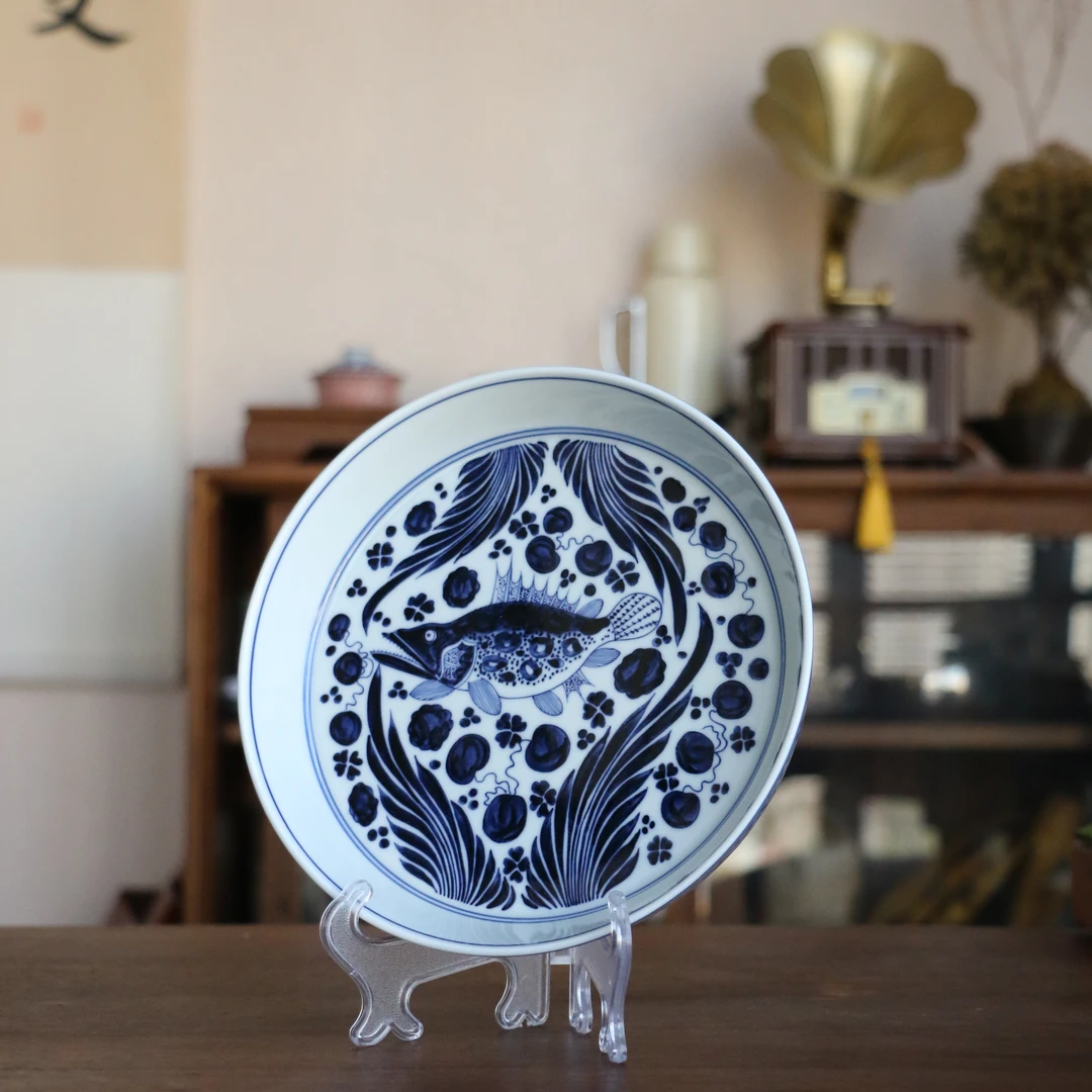 青花鱼藻大壶承18cm