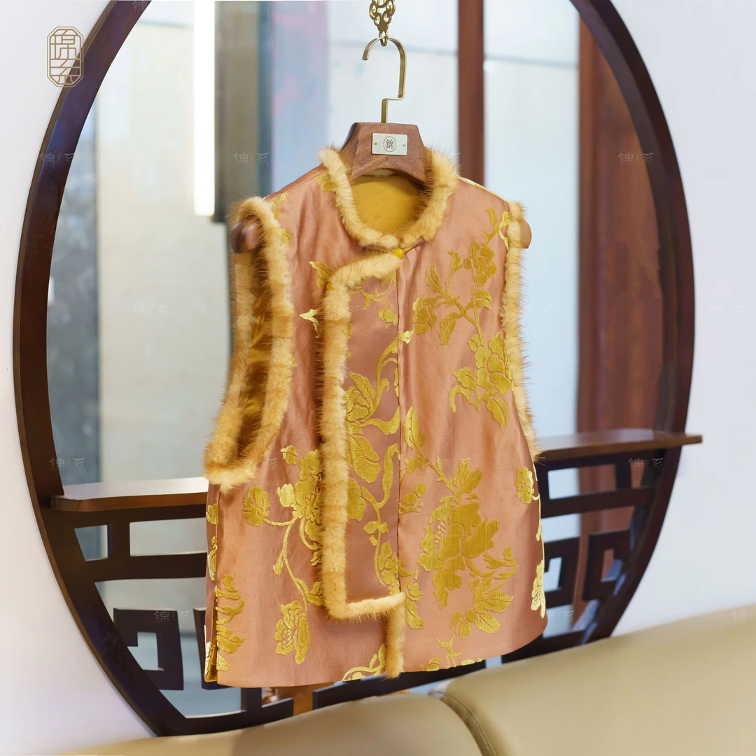 【锦系】漳绒拼水貂毛边桑蚕丝加棉马甲背心E-36848-ZRD4166778