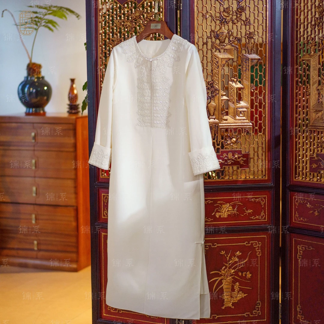 【锦系】丝羊毛新中式国风桑蚕丝圆领长袖连衣裙L-36754-S3149961
