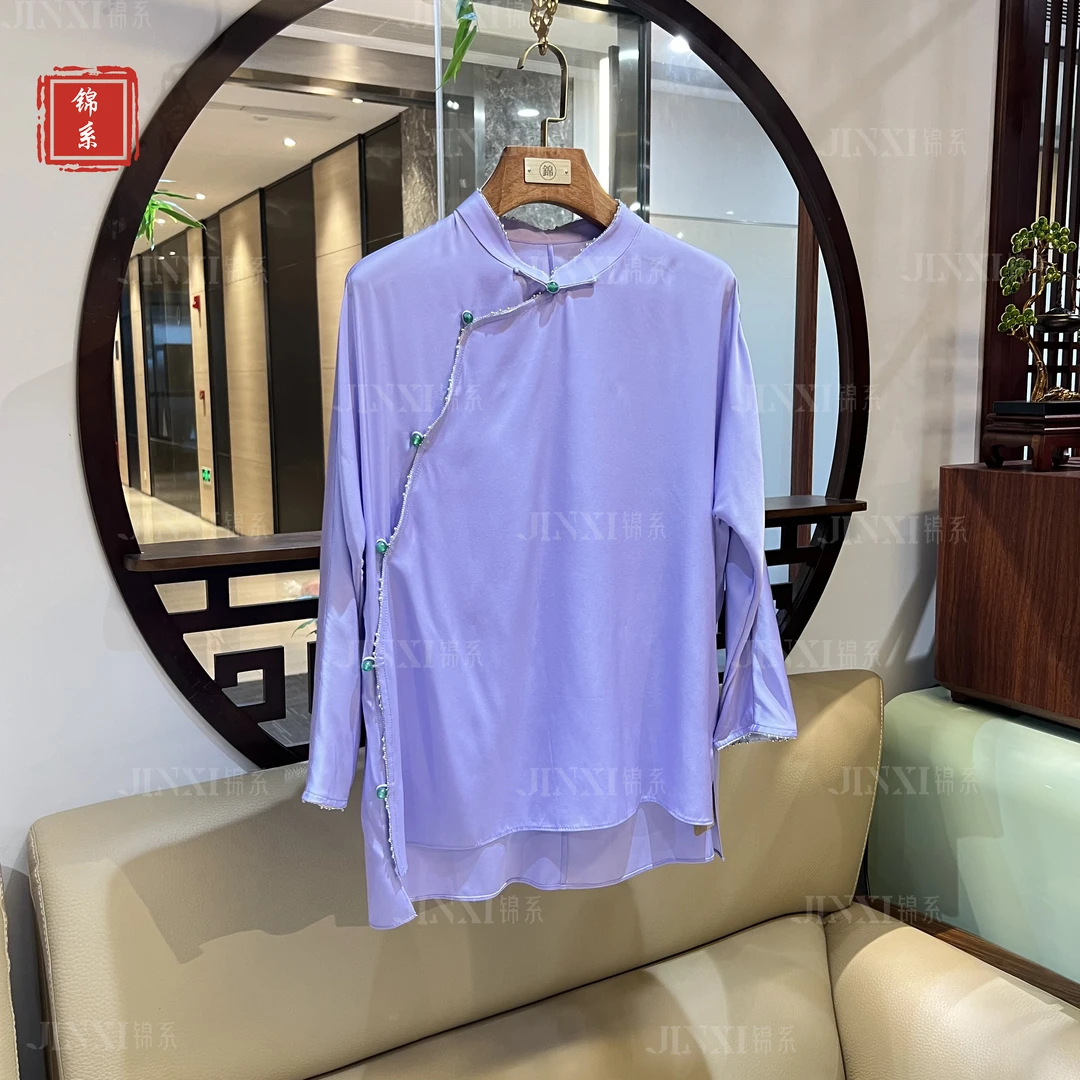 【锦系~新款】C-31939弹力双乔新中式国风桑蚕丝立领斜襟长袖上衣