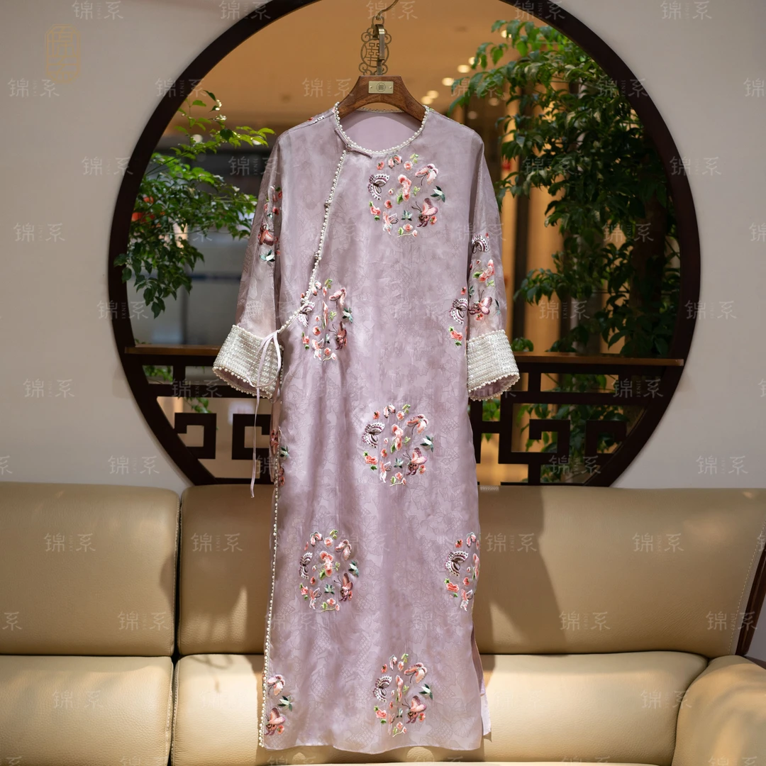 【锦·系】真丝欧根纱提花中式桑蚕丝长袖连衣裙L-36344-S3149961