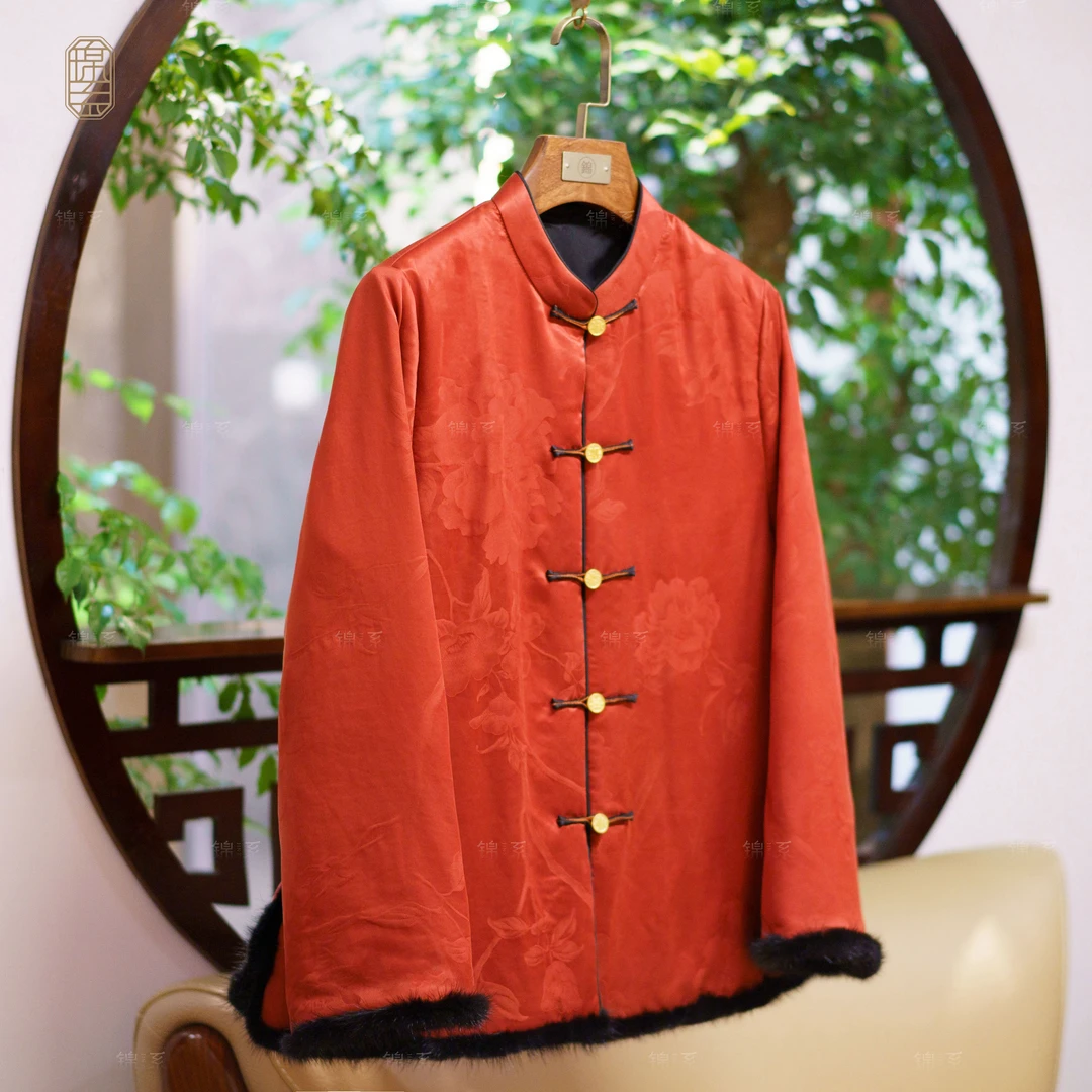 【锦系】真丝拼皮毛一体水貂毛边中式国风桑蚕丝加棉外套E-382119
