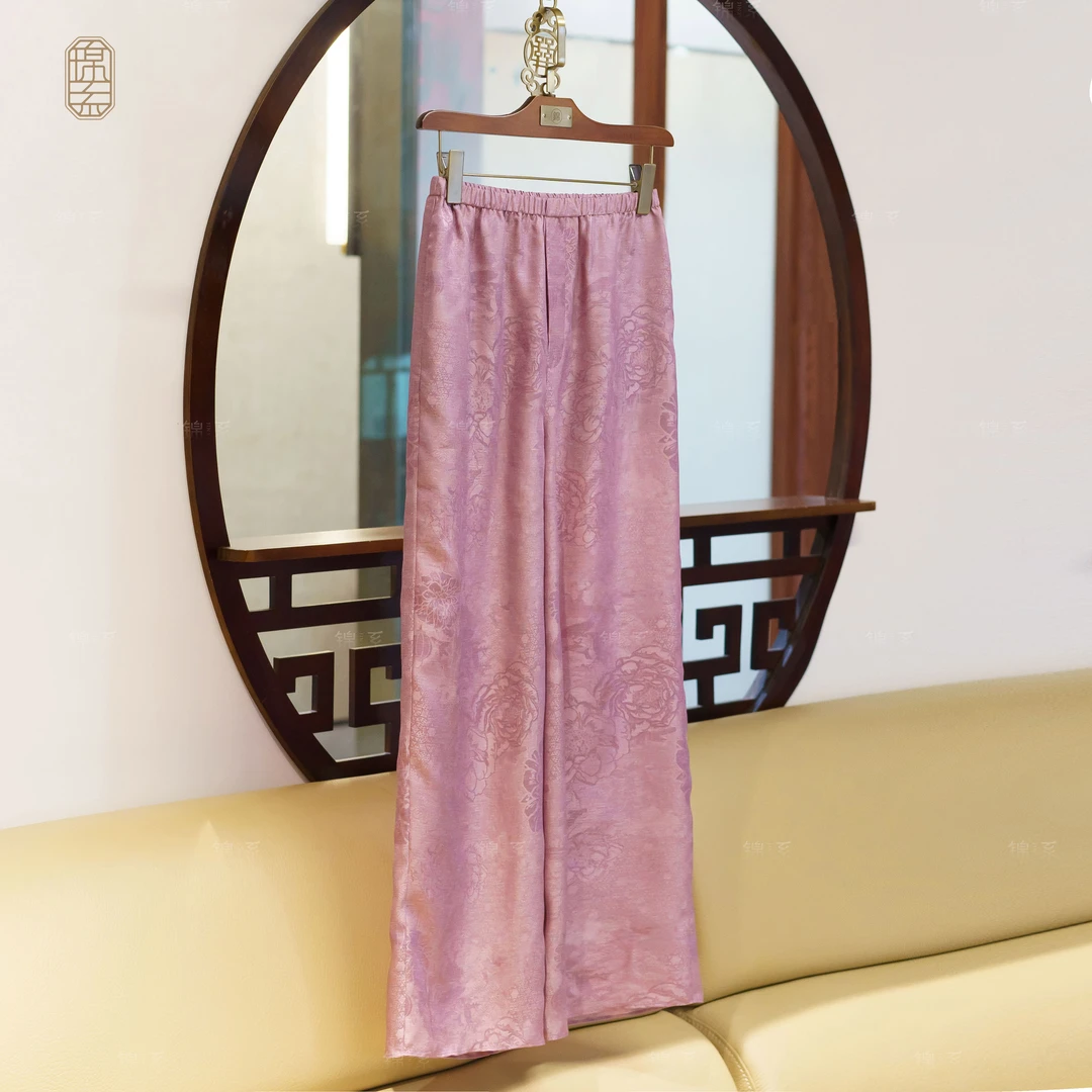 【锦·系】真丝新中式国风桑蚕丝松紧腰阔腿裤K-382319