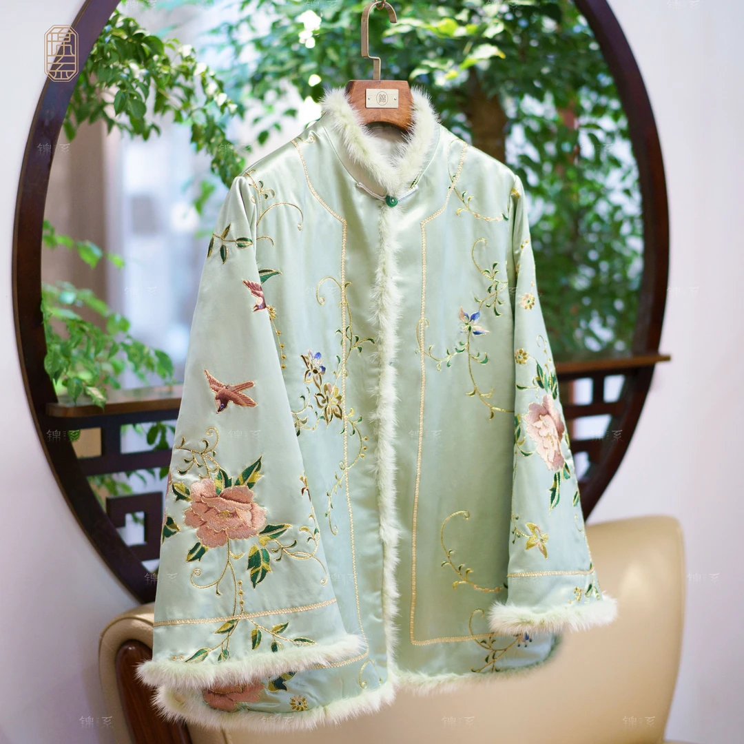 【锦系】丝毛缎拼皮毛一体水貂毛边新中式桑蚕丝加棉外套E-382134