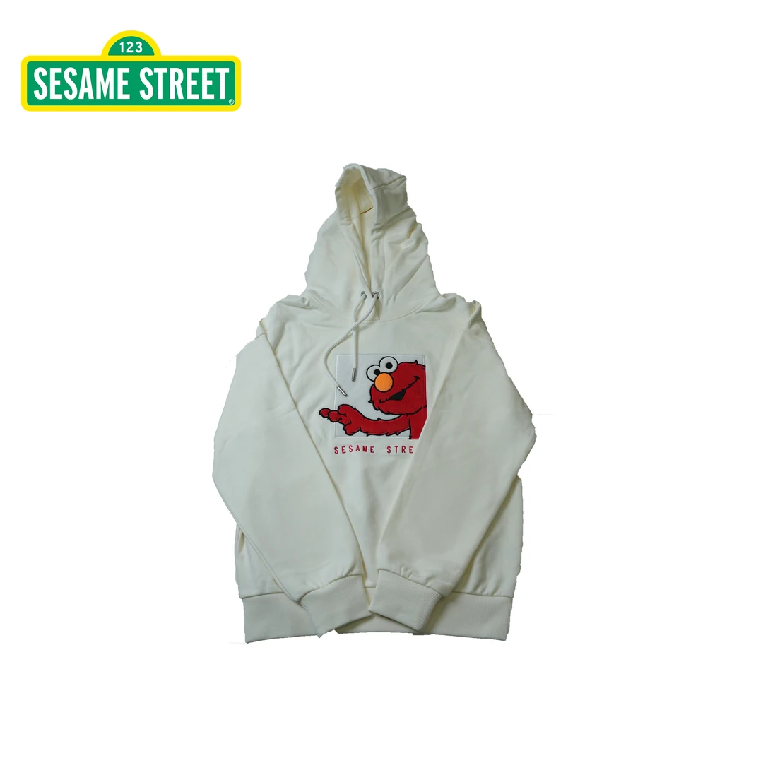 【芝麻街】秋冬加绒百搭白色连帽卡通卫衣潮流