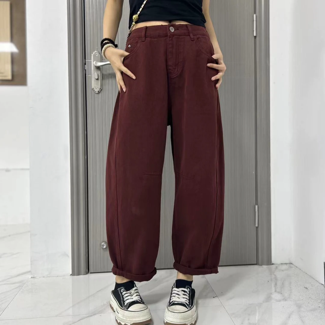 潮牌老爹裤9002宽松高腰潮流大码微胖梨型身材设计师百搭安格拉红