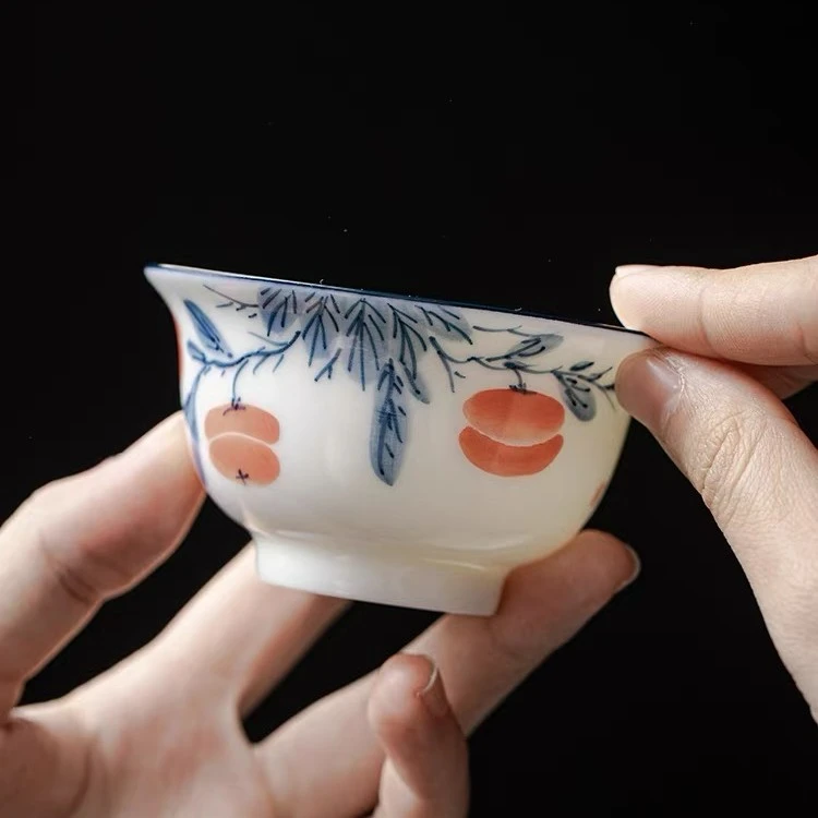 手绘羊脂玉茶杯压手主人杯单杯女茶盏送礼个人喝泡茶专用青花茶具