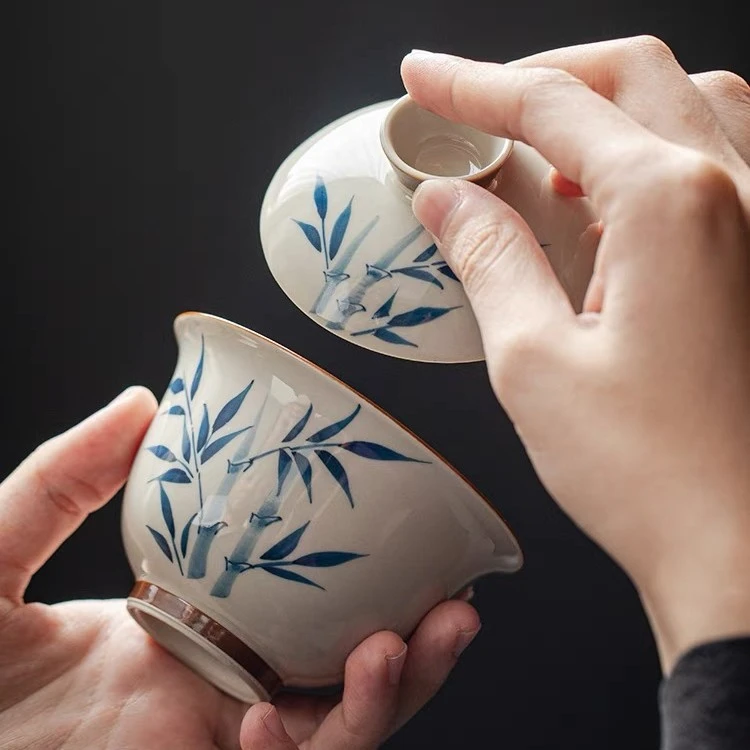 草木灰盖碗茶杯仿古手绘竹子高档三才茶碗带盖陶瓷功夫茶具泡茶器