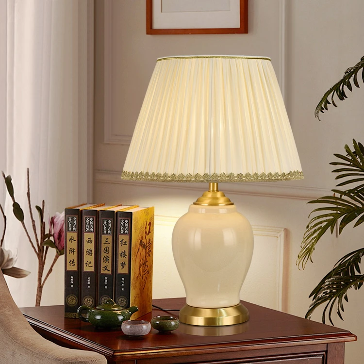 6340全铜复古陶瓷台灯床头简约中式客厅书房卧室婚房百褶轻奢台灯