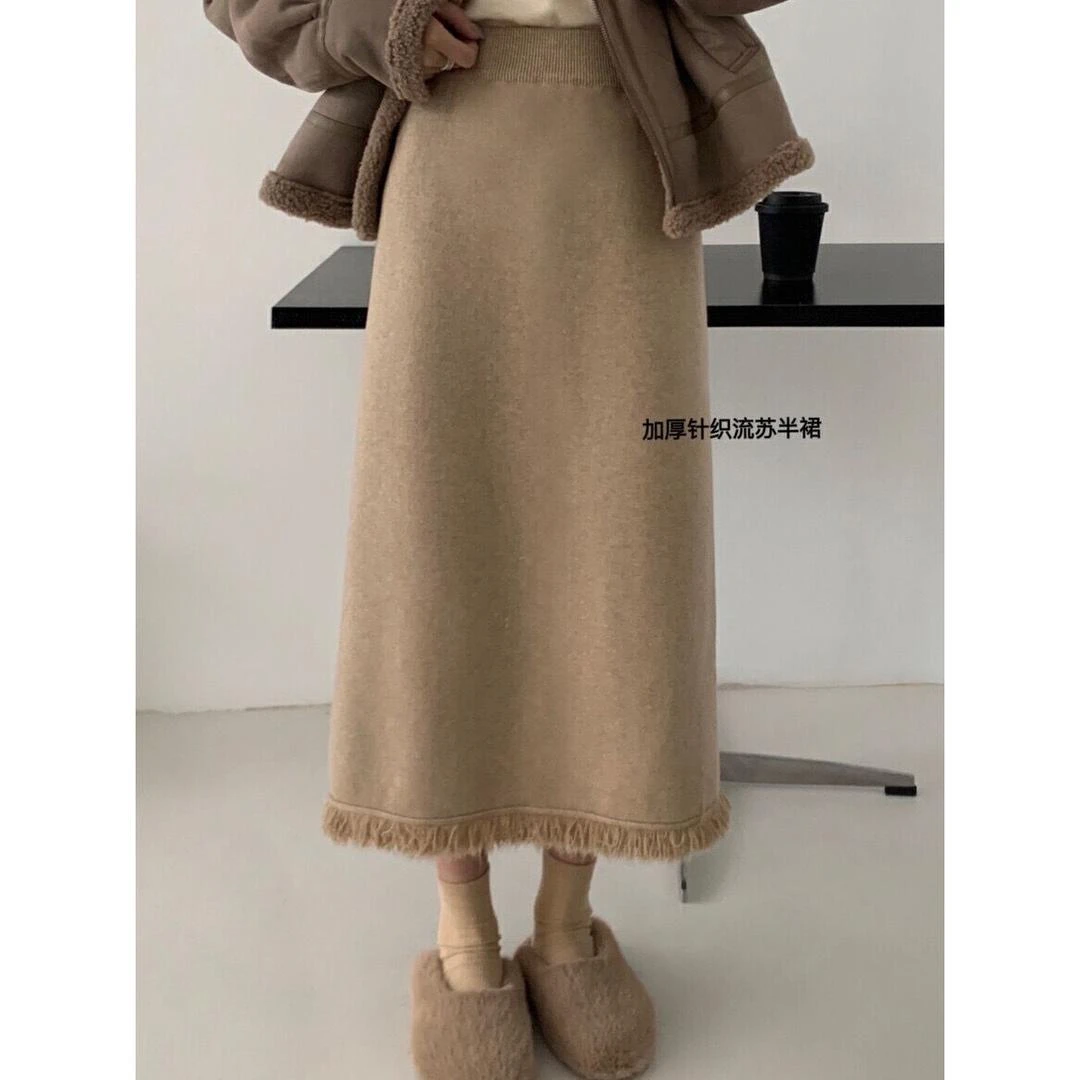 冬季加厚流苏针织半身裙女秋冬小个子a字羊毛线开叉包臀一步长裙